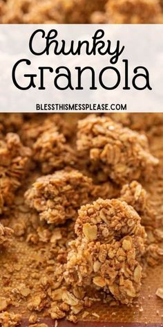 a close up of granola on a cutting board with the title text above it