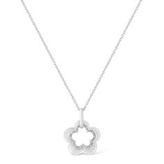 Allure your loved ones with this stylish diamond flower pendant. Gorgeous pendant rendered perfectly on glinting sterling silver showcasing 15 sparkling pave set single cut diamonds, set on floral motif and dangles from a shimmering cable chain. The outer flower is elevated with a satin finish. Total diamond weight is 1/20 ctw. Diamond Jewelry With Flower Charm, Diamond Necklace With Single Cut Flower-shaped Diamonds, Flower-shaped Diamond Necklace With Single Cut Diamonds, Flower Shaped Necklace With Single Cut Diamonds For Gift, Flower Shaped Diamond Necklace With Single Cut Diamonds, Diamond White Flower-shaped Jewelry With Single Cut Diamonds, Sterling Silver Diamond Flower Pendant Necklace, Sterling Silver Flower Necklace With Diamond Accents, Sterling Silver Necklace With Diamond Accents In Flower Shape