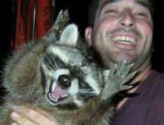 a man is holding a raccoon in his arms and smiling at the camera