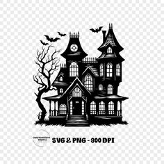 a black and white silhouette of a house with bats on the roof, transparent background