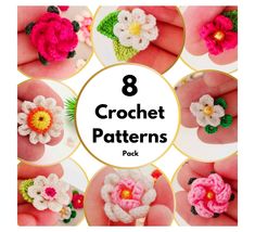 eight crochet flowers are shown with the words 8 crochet patterns