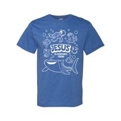 Show appreciation to Under the Sea VBS volunteers and team leaders by handing out these comfy t-shirts! Printed with "Jesus is Everyone's Friend" messaging and a myriad of ocean animals, this eye-catching shirt will help kids identify who is in charge during their week of faith and fun. Shop for more matching VBS apparel and supplies on this website. © OTC

o Fits sizes 38-40.
o Brand: Fruit of the Loom.
o Short sleeve
o 50/50 cotton/polyester, 5 oz.
o Seamless 1x1 ribbed collar
o Shoulder-to-shoulder taping
o Double-needle stitched sleeves, bottom hem and front neck
o Quarter-turned
o Tearaway label
o Need more? With our tees, we've got your back (and front)! To order in bulk for any size group, just call 1-877-513-0384. Or, give us a ring if you'd like to easily customize any of our pre- Underwater Theme Class Shirts Juniors, Scuba Vbs 2024 Sticky Scripture, Group Vbs 2024 Scuba, Sea World Shirts, Ocean Commotion Vbs, Ocean Animals, Fruit Of The Loom, Under The Sea, Helping Kids