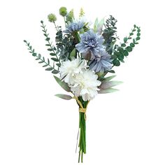 a bouquet of flowers with green leaves on a white background