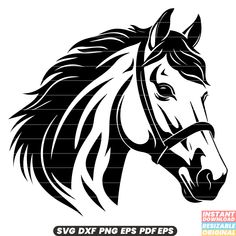 the silhouette of a horse's head is shown in black and white, with an additional