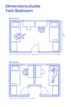 the floor plan for a bedroom with two beds and one sitting area in blue ink