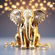 an elephant statue sitting on top of a blue floor next to gold confetti