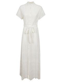 "MC2 SAINT BARTH long cotton dress with short sleeves, mandarin collar, button closure, waist belt. "Composition: 100% Co White Short Sleeve Belted Shirt Dress, White Belted Short Sleeve Shirt Dress, White Belted Shirt Dress With Short Sleeves, White Short Sleeve Shirt Dress With Tie Waist, Short Sleeve Belted Dress For Daywear, Elegant Belted Cotton Maxi Dress, White Short Sleeve Maxi Dress With Tie Waist, White Maxi Dress With Tie Waist And Short Sleeves, Cotton Belted Maxi Dress