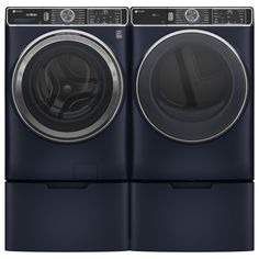 the front load washer and dryer are both dark blue