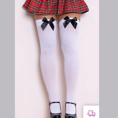 New The Over Knee White Stockings Have A Satin Black Bow Detail At The Front. They Are 100% Nylon And Hand Washable. A Classic White And Black Combination To Suit Lots Of Fancy Dress Great Looks So Your Legs Look As Good As The Rest Of You! White Stretch Thigh High Stockings, White Thigh High Hosiery, White Fitted Over The Knee Socks, White Fitted Over-the-knee Socks, Fitted White Over-the-knee Socks, White Knee-high Winter Hosiery, Trendy White Thigh High Stockings, White Stretch Knee-high Legwear, White Over-the-knee Winter Stockings