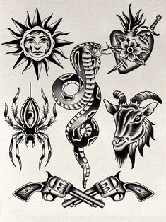 an old school tattoo design with sun, dragon and snake on the back of it