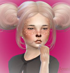 a digital painting of a girl with pink hair and polka dots on her face, looking at the camera