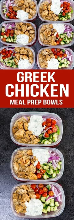 greek chicken meal prep bowls are ready to be served in the freezer for lunch