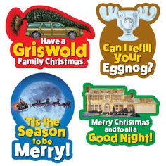 four christmas stickers that say merry, have a griswol, family christmas, and eggnog