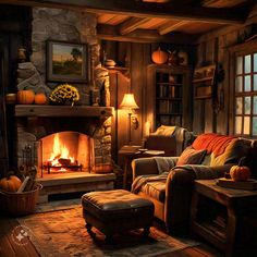 a living room filled with furniture and a fire place next to a window covered in pumpkins