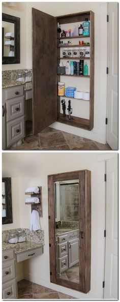 two pictures of the inside of a bathroom with shelves and cabinets in it, one is empty