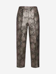 Max Mara S' Elio trousers in silk blend floral lame' jacquard in shades of pearl grey featuring matching waist belt with square buckle, concealed hook and zip fattening, side pockets and wide, straight slightly cropped leg with ironed crease. Composition: 85% polyester 8% metallic fibers 7% silk Elegant Metallic Bottoms For Evening, Elegant Silver Pants For Evening, Elegant Silver Bottoms For Spring, Elegant Fitted Silver Bottoms, Silver Elegant Evening Bottoms, Elegant Metallic Pants For Spring, Chic Silver Bottoms For Formal Occasions, Elegant Silk Bottoms With Belt Loops, Metallic Fitted Pants For Formal Occasions