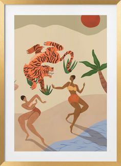 a painting of people playing with tigers on the beach in front of a palm tree