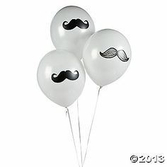 three white balloons with black mustaches on them