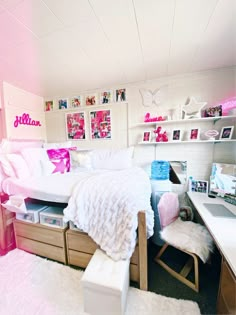 a bedroom with pink walls and white carpeted flooring is pictured in this image