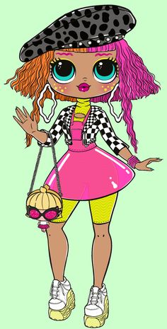 a drawing of a girl with pink hair wearing a hat and holding a handbag