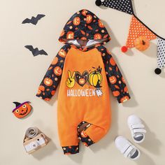 0-18M Baby Halloween Patchwork Cartoon Pumpkin Letter Print Hooded Long Sleeve Romper Wholesale Spider Pumpkin, Toddler Girl Outfits Summer, Hoodie Jumpsuit, Cartoon Pumpkin, Baby Boy Halloween, Toddler Girl Romper, Halloween Bodysuit, Girls Halloween Outfits