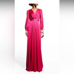 Elegant Pleated Long-Sleeve Satin Gown Only Worn Once: Like New Can Fit 4-6 Satin Gown, Like New, Evening Gowns, Satin, Maxi Dress, Womens Dresses, Long Sleeve, Pink, Women Shopping