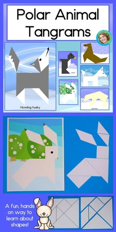 the book polar animal tangrams is open and showing instructions for how to make an origami dog