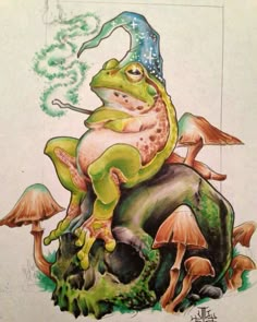 a drawing of a frog sitting on top of a mushroom