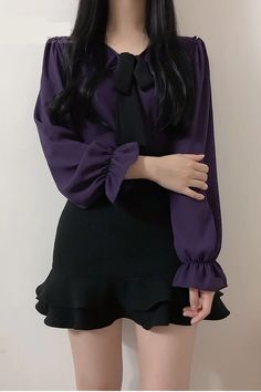 Long Sleeve Cute Bow Ruffle Blouse Shirt – Tomscloth Solid Color Lantern Sleeve Shirt For Fall, Solid Color Lantern Sleeve Fall Shirt, Fall Lantern Sleeve Solid Color Shirt, Fall Lantern Sleeve Shirt, Purple Long Sleeve Tops With Ruffles, Long Sleeve Ruffled Top For Office, Long Sleeve Ruffle Top For Office, Ruffled Long Sleeve Top For Office, Black Long Sleeve Ruffled Shirt