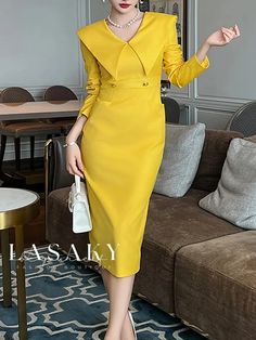 Lasaky - Chic Shawl Collar Midi Dress: Timeless Elegance in Regular Fit, Beltless Design Classic Midi Dress, Wrap Dress Long, Long Dress Plus Size, Dress With Shawl, Peter Pan Collar Dress, Fashion Gowns, Fitted Midi Dress, Retro Mode, Elegant Dresses For Women