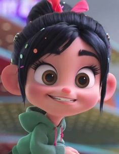 an animated character with black hair and big eyes