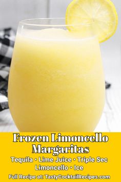 the frozen lemoncello margarita is served in a tall glass with a lime slice on top