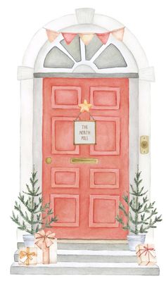 a watercolor painting of a red door with presents