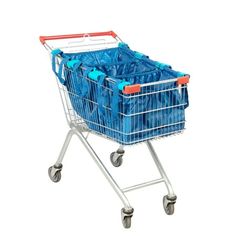 a shopping cart filled with blue plastic bottles