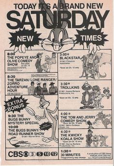 an old newspaper advertisement with cartoon characters on the front and back pages, from 1950 to 1970