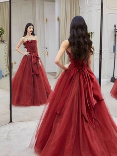 Pretty A line Strapless Burgundy Tulle Long Prom Dresses Party Evening Dress C3802 A Line Evening Gown, Prom Dress A Line, Tulle Long Prom Dress, A Line Evening Dress, Long Prom Dress, Prom Party Dresses, Prom Dresses Long, Evening Gown, Evening Dress