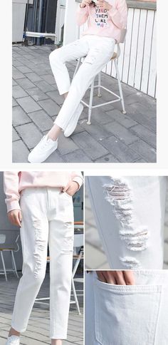 FREE SHIPPING Ripped Jeans Woman High Waist Boyfriend Jeans Pants JKP3644 White Stretch Jeans For Spring, Spring White Stretch Jeans, Casual White Tapered Leg Jeans, White Ripped Casual Jeans, White Slim Fit Bottoms For Spring, Ripped Relaxed Fit Pants For Spring, Casual Ripped Summer Pants, Ripped Slim Fit Bottoms For Spring, Casual Stretch Ripped Pants