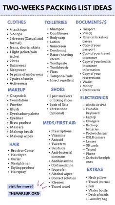 two - week packing list with the text, which includes items to pack for travel