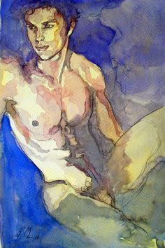 a watercolor painting of a shirtless man holding a tennis racquet