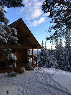 a cabin in the woods with snow on the ground