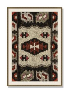 a square rug with red, black and white designs on it's edges is shown