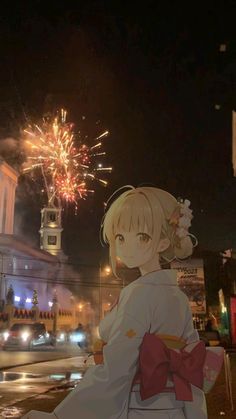 an anime character is standing in front of fireworks