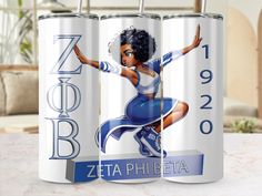 two cans of beer with an image of a woman in blue and white on them