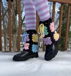 Hand crocheted leg warmers made from black and pastel colored yarn. The drawstring at the top of the leg warmers allows for a perfect fit.  The perfect accessory to add a little extra color to any outfit! Crochet Leg Warmers, Leg Warmer, Crochet Art, Leg Warmers, Hand Crochet, Fiber Art, Perfect Fit, Pastel, Yarn