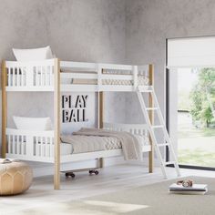 a white bunk bed sitting in a bedroom next to a window with a wooden ladder