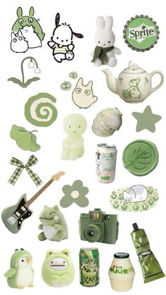 various green items are arranged in the shape of animals and letters on a white background