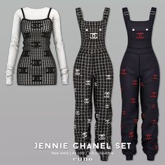 three women's jumpsuits with chanel logo on the front and back