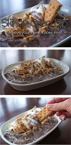 three different views of food being served on a white plate with crackers in it