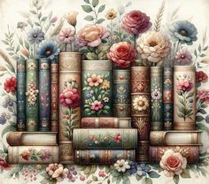 a painting of many books with flowers on them