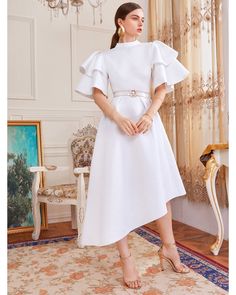 Cocktail Dresses 2022, Bell Sleeve Outfit, White Bridal Shower Dress, Tea Length Cocktail Dresses, Dama Dresses, White Bridal Shower, Spring Dresses Women, Dresses 2022